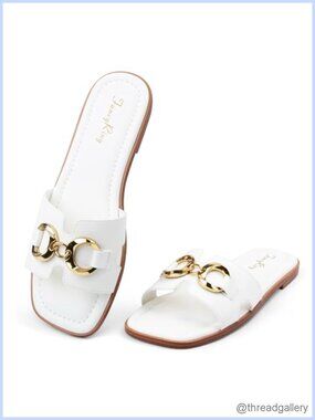 Faux Leather Flat Slide Sandals with Metal Chain Slip On Square Toe